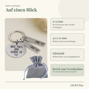 Auf einen Blick Grafik des personalisierten Tolle-Oma-Schlüsselanhängers von Gravur19 mit Maßen, Material und Samtsäckchen-Verpackung