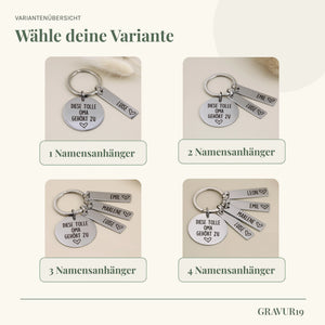 Variantenübersicht des personalisierten Tolle-Oma-Schlüsselanhängers von Gravur19 mit einem bis vier Namensanhängern