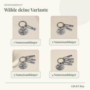 Infografik zur Variantenübersicht des personalisierten Schlüsselanhängers für Tanten. Zeigt die Auswahlmöglichkeiten mit 1, 2, 3 oder 4 gravierten Namensanhängern.