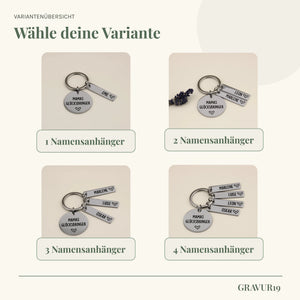 Variantenübersicht des Mamas-Glücksbringer-Schlüsselanhängers mit einem bis vier Namensanhängern.