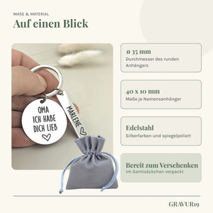 Maße und Material des Schlüsselanhängers „Oma, wir haben dich lieb“ sowie die sichtbare Verpackung.