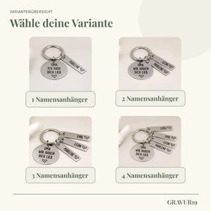 Varianten des Schlüsselanhängers „Oma, wir haben dich lieb“ mit zwei bis vier personalisierten Namensanhängern.