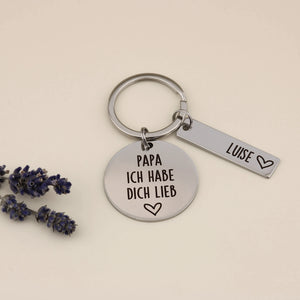 Personalisierter Papa-Schlüsselanhänger mit Gravur „Ich habe dich lieb“ und Namensanhänger Luise.