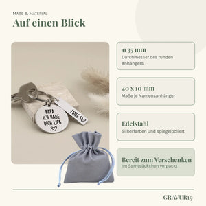 GRAVUR19 Infografik mit Maßen, Edelstahl und Samtsäckchen des personalisiertes Schlüsselanhängers Papa wir haben dich lieb