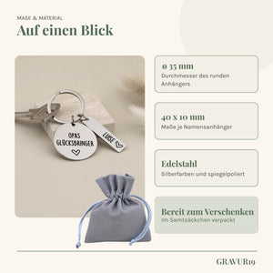 Maße, Edelstahl und Samtsäckchen des personalisierten Schlüsselanhängers „Opas Glücksbringer“.