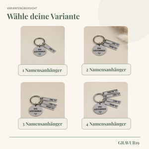 Variantenübersicht von „Opas Glücksbringer“ mit ein bis vier personalisierten Namensanhängern.