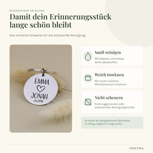 Gravur19 Pflege-Infografik für den wasserfesten Edelstahl-Schlüsselanhänger: mit Wasser und Seife reinigen und weich trocknen.