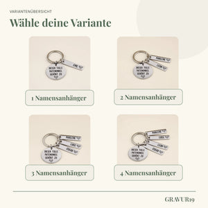 Varianten des Schlüsselanhängers „Dieser tolle Patenonkel gehört zu“ mit einem bis vier Namensanhängern.