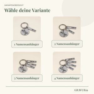 Varianten des Schlüsselanhängers „Mega cooler Onkel von“ mit einem bis vier Namensanhängern.