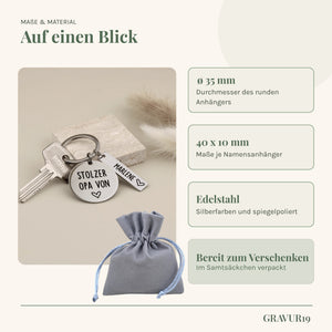 Infografik zu Maßen, Edelstahl und Samtsäckchen des personalisierten Stolzer Opa-Schlüsselanhängers.