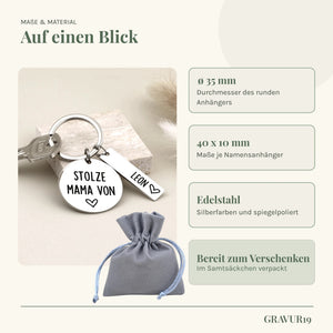 Maße, Edelstahl und Samtsäckchen des Schlüsselanhängers „Stolze Mama von“ von GRAVUR19.