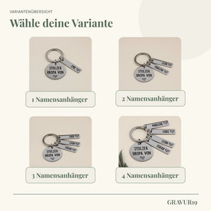 Varianten des Schlüsselanhängers „Stolzer Uropa von“ mit einem bis vier Namensanhängern.