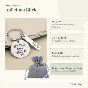 Maße, Edelstahl und Samtsäckchen des Schlüsselanhängers „Diese tolle Mama gehört zu“.