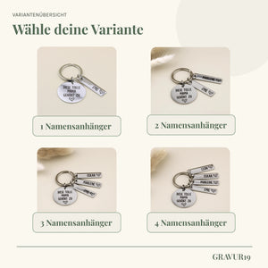 Variantenübersicht des Tolle-Mama-Schlüsselanhängers „Diese tolle Mama gehört zu“ mit einem bis vier Namensanhängern