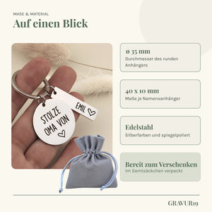 Infografik zu Maßen, Edelstahl und Samtsäckchen des Stolze-Oma-Schlüsselanhängers von GRAVUR19.