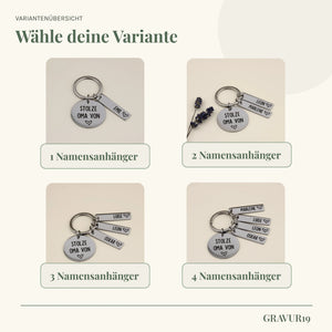 Variantenübersicht des Stolze-Oma-Schlüsselanhängers mit einem bis vier Namensanhängern.