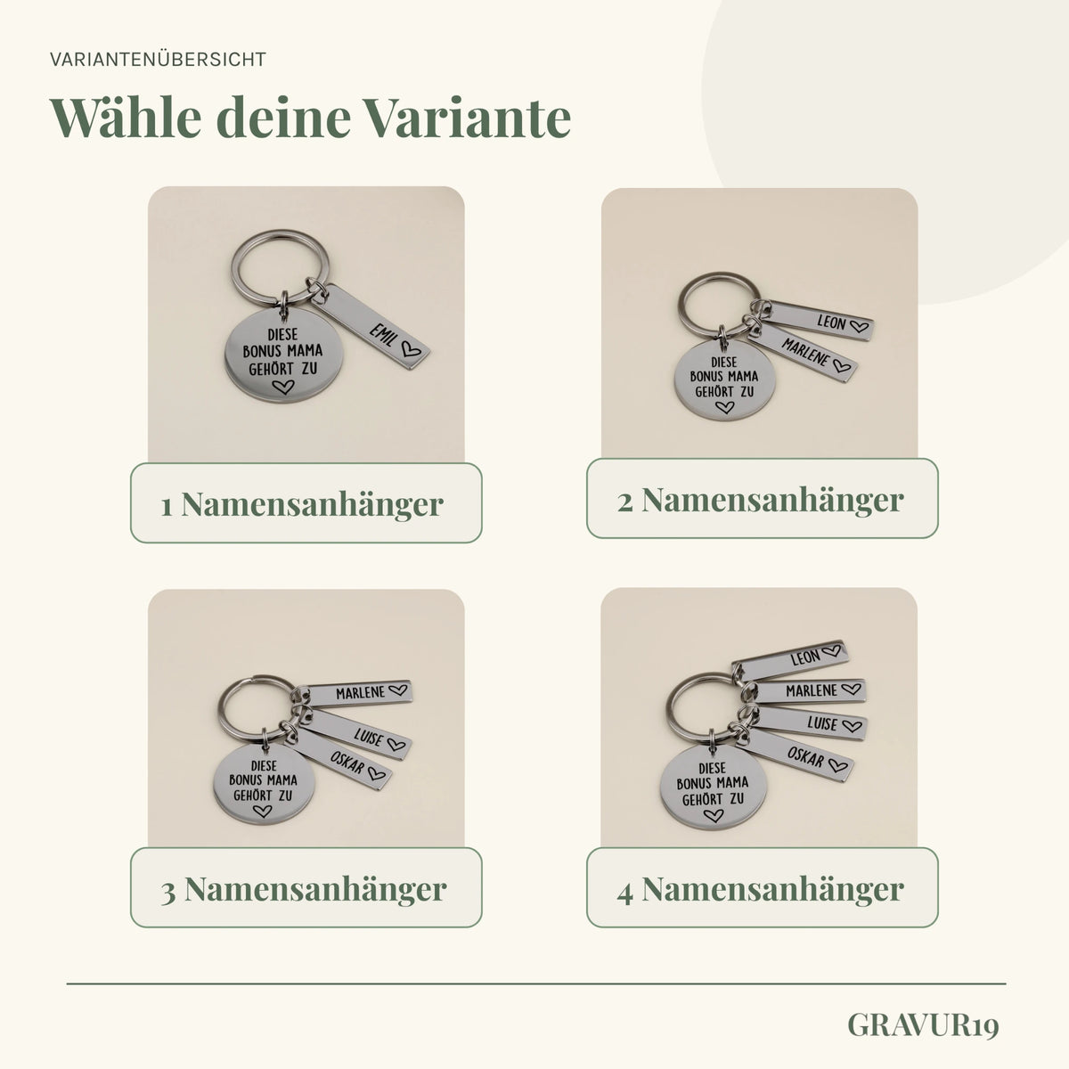 Variantenübersicht des Bonus-Mama-Schlüsselanhängers mit einem bis vier Namensanhängern.