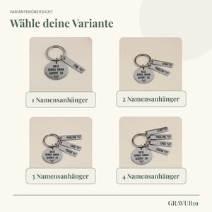 Variantenübersicht des Bonus-Mama-Schlüsselanhängers mit einem bis vier Namensanhängern.