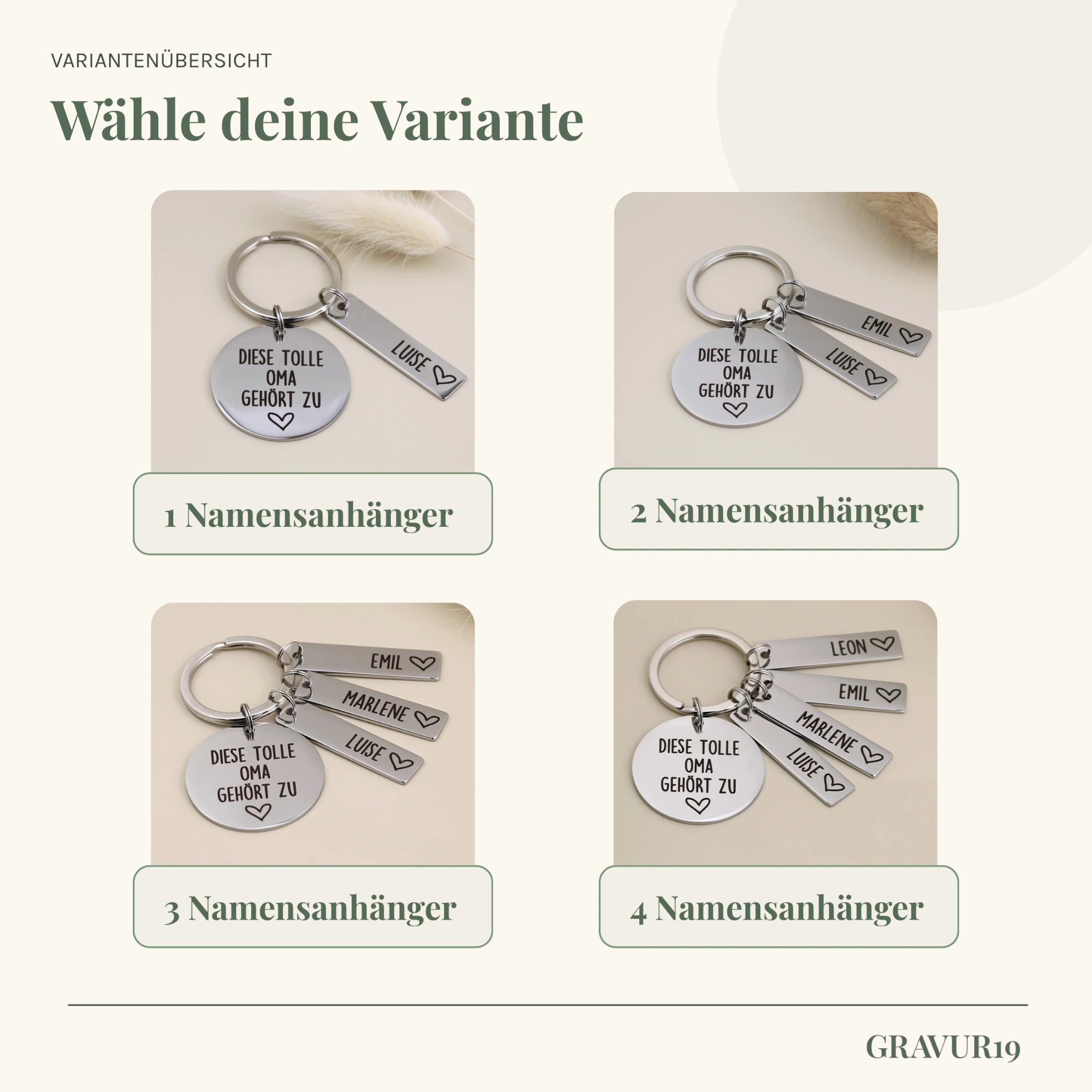 Variantenübersicht des personalisierten Tolle-Oma-Schlüsselanhängers von Gravur19 mit einem bis vier Namensanhängern