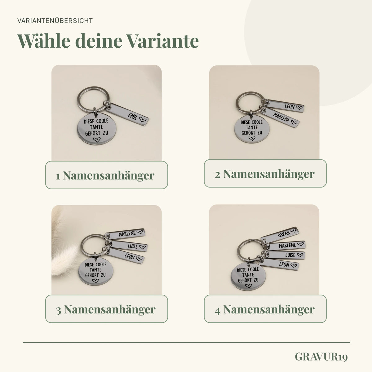 Infografik zur Variantenübersicht des personalisierten Schlüsselanhängers für Tanten. Zeigt die Auswahlmöglichkeiten mit 1, 2, 3 oder 4 gravierten Namensanhängern.
