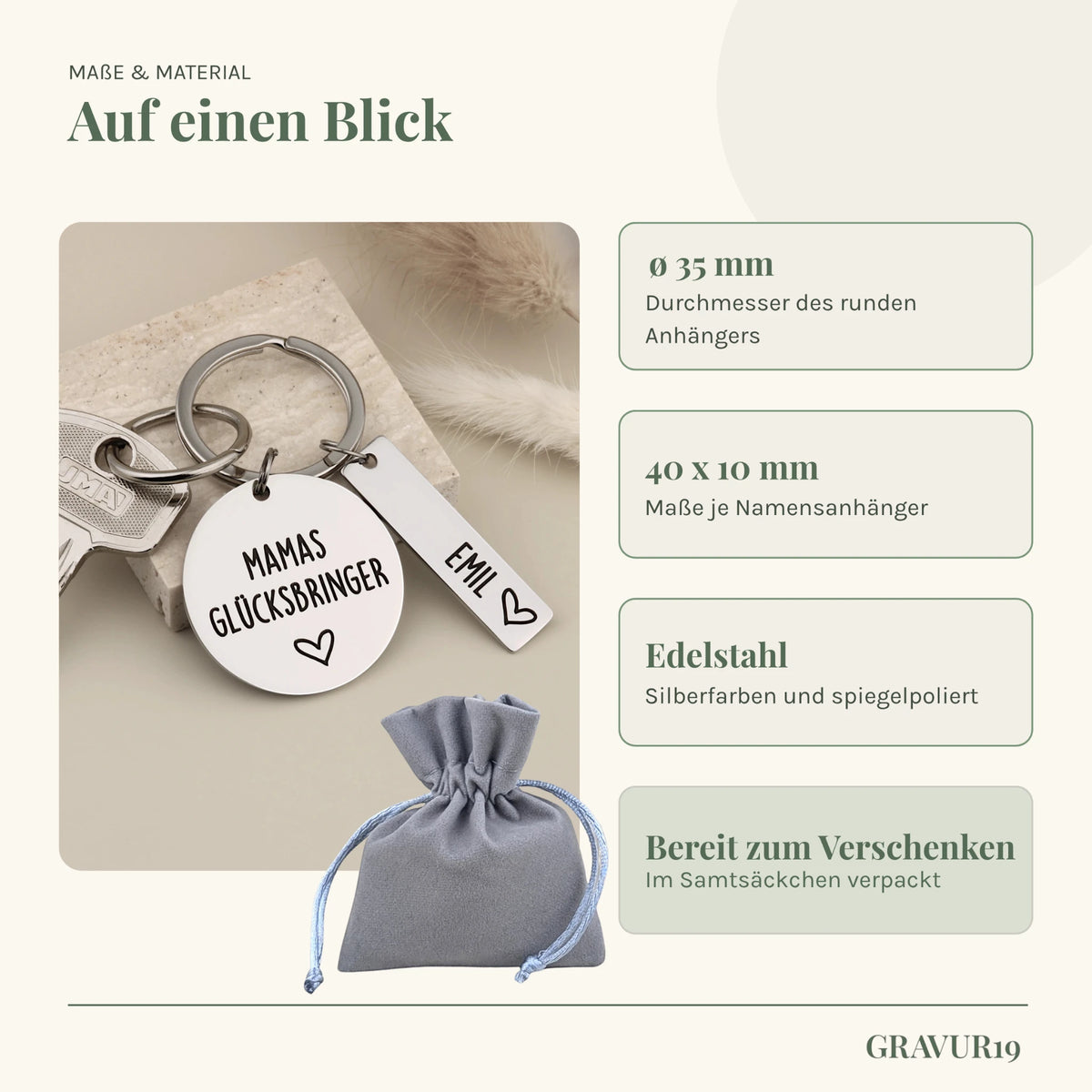 Infografik zu Maßen, Edelstahl und Samtsäckchen des Mamas-Glücksbringer-Schlüsselanhängers.