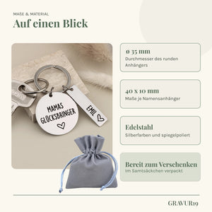 Infografik zu Maßen, Edelstahl und Samtsäckchen des Mamas-Glücksbringer-Schlüsselanhängers.