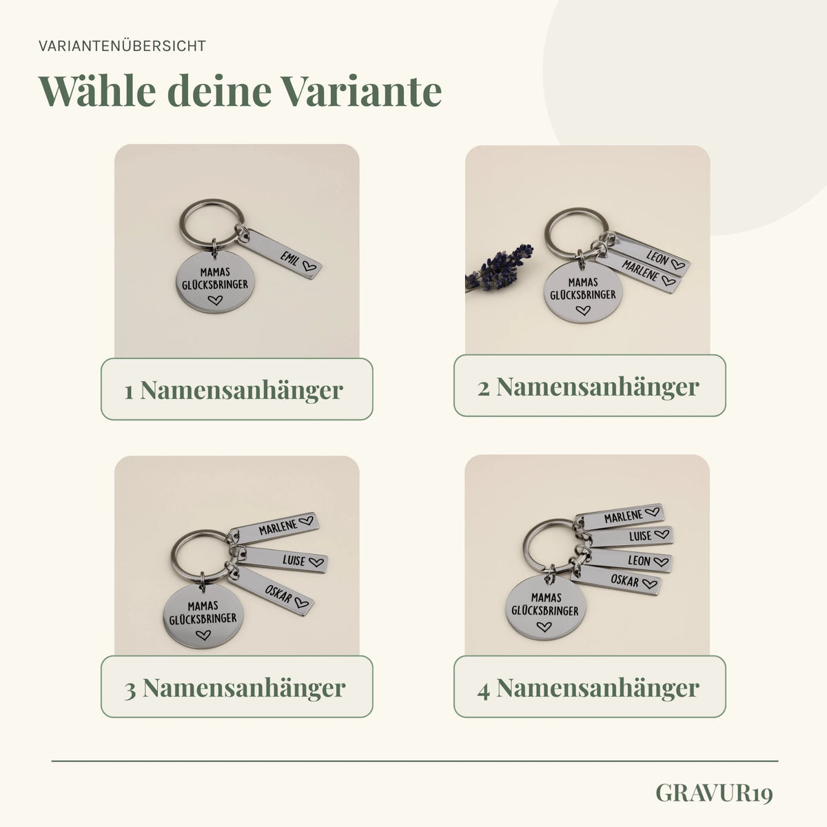 Variantenübersicht des Mamas-Glücksbringer-Schlüsselanhängers mit einem bis vier Namensanhängern.