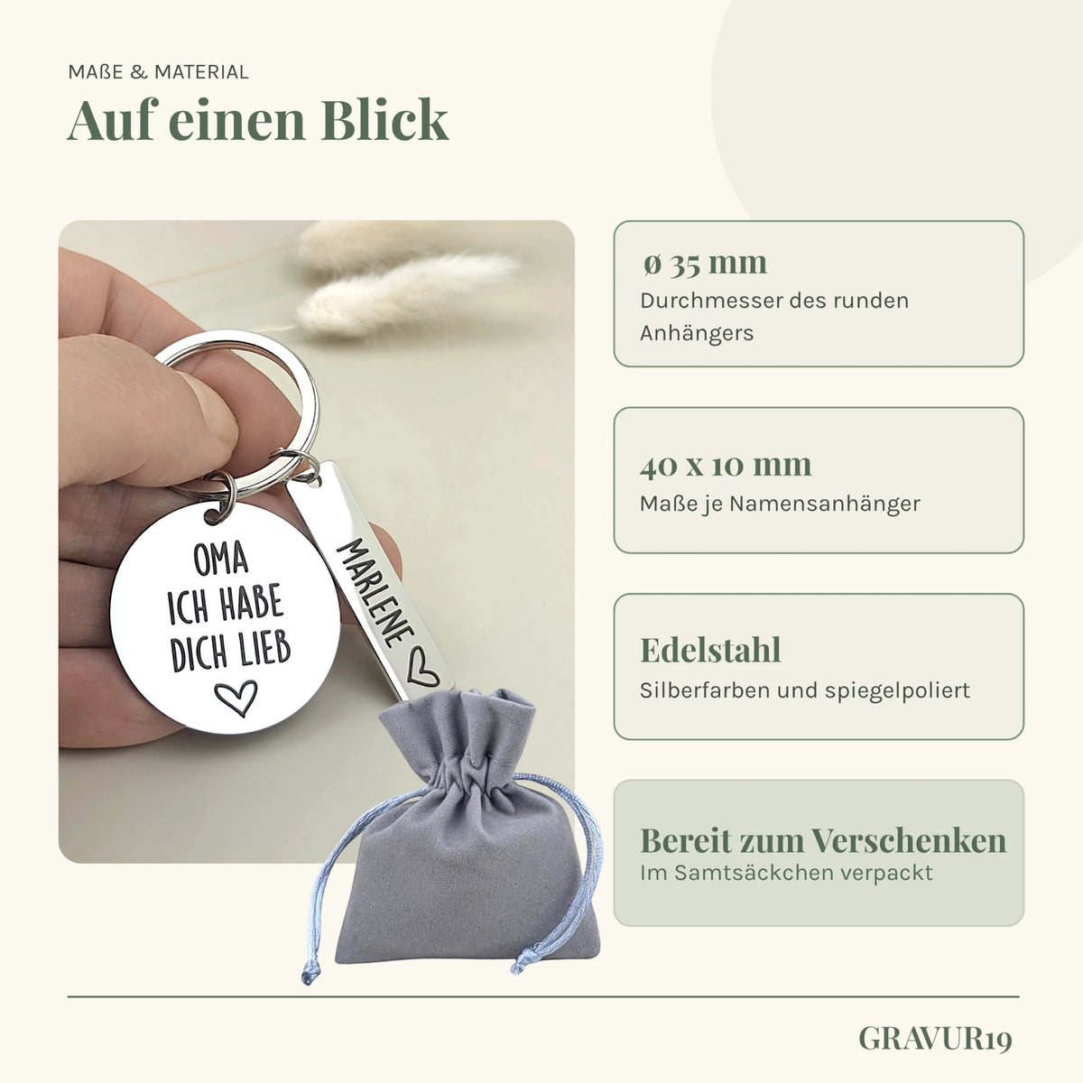 Maße und Material des Schlüsselanhängers „Oma, wir haben dich lieb“ sowie die sichtbare Verpackung.