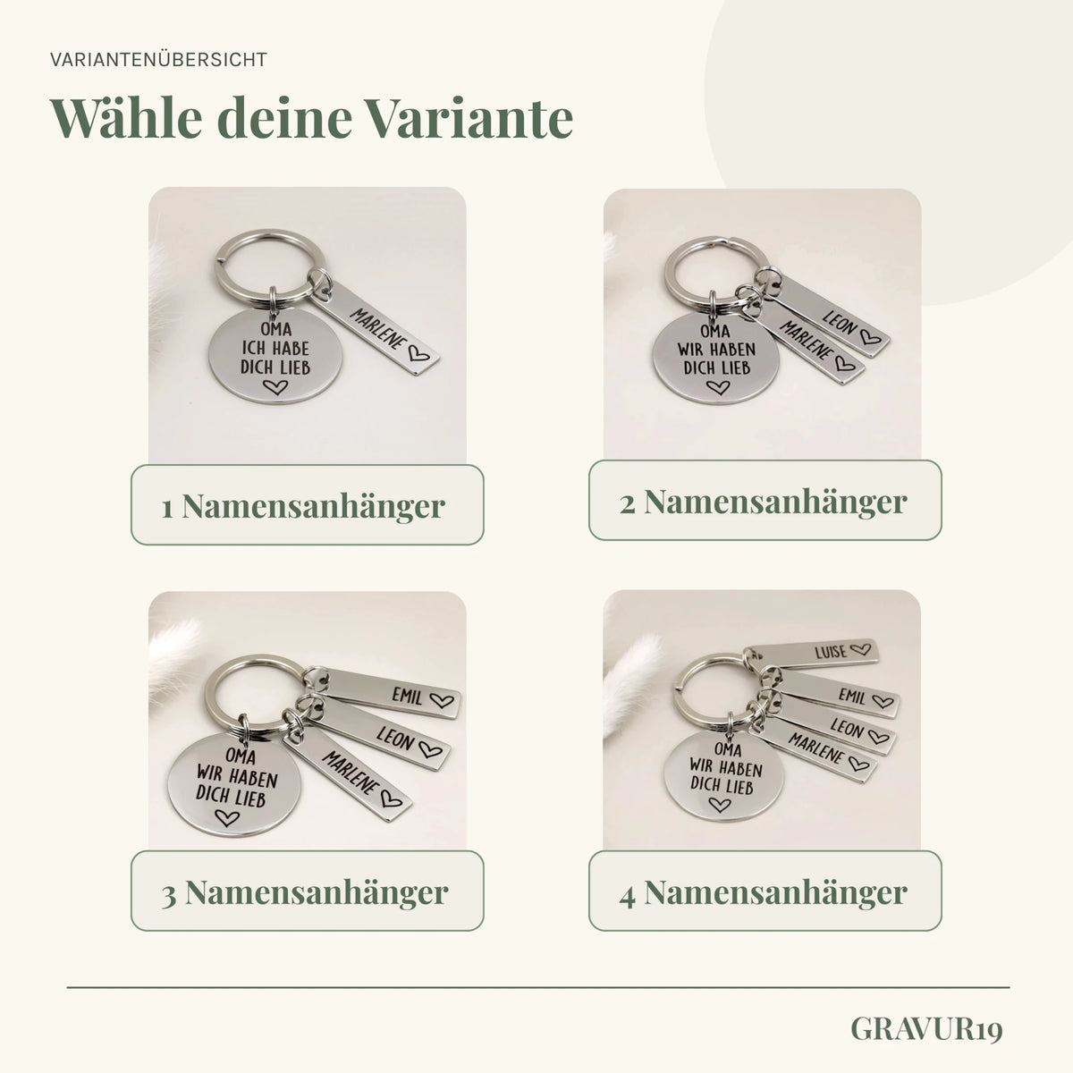 Varianten des Schlüsselanhängers „Oma, wir haben dich lieb“ mit zwei bis vier personalisierten Namensanhängern.