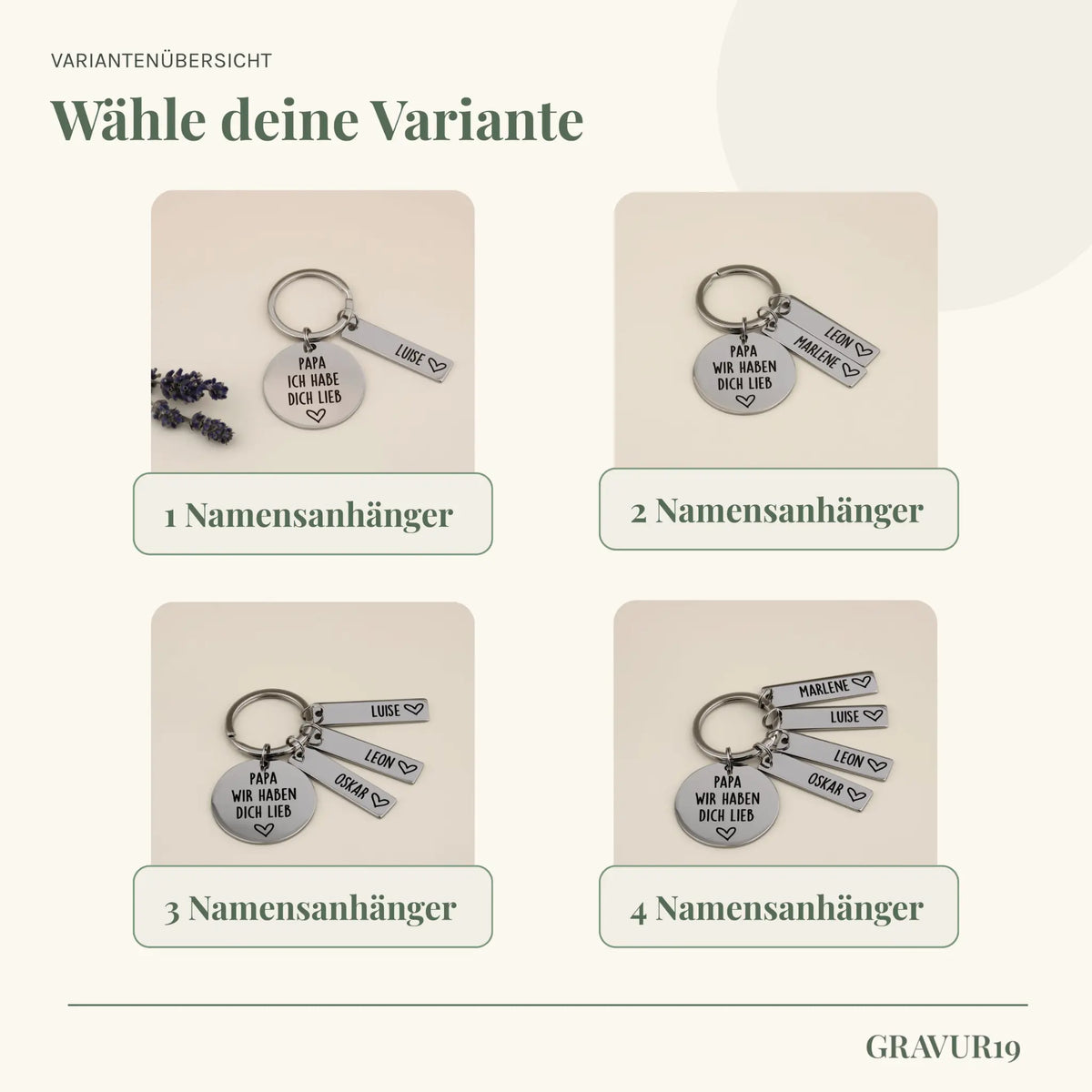 GRAVUR19 Variantenübersicht des Papa wir haben dich lieb Schlüsselanhängers mit einem bis vier Namensanhängern.