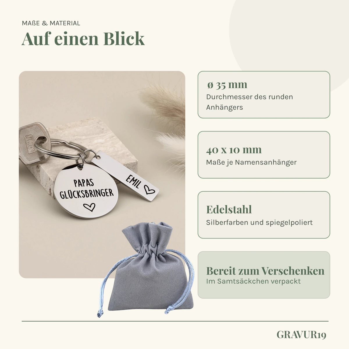 Infografik zu Maßen, Edelstahl und Samtsäckchen des Papas Glücksbringer Schlüsselanhängers von GRAVUR19.
