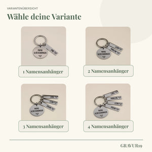 Variantenübersicht von Papas Glücksbringer mit einem bis vier personalisierten Namensanhängern.
