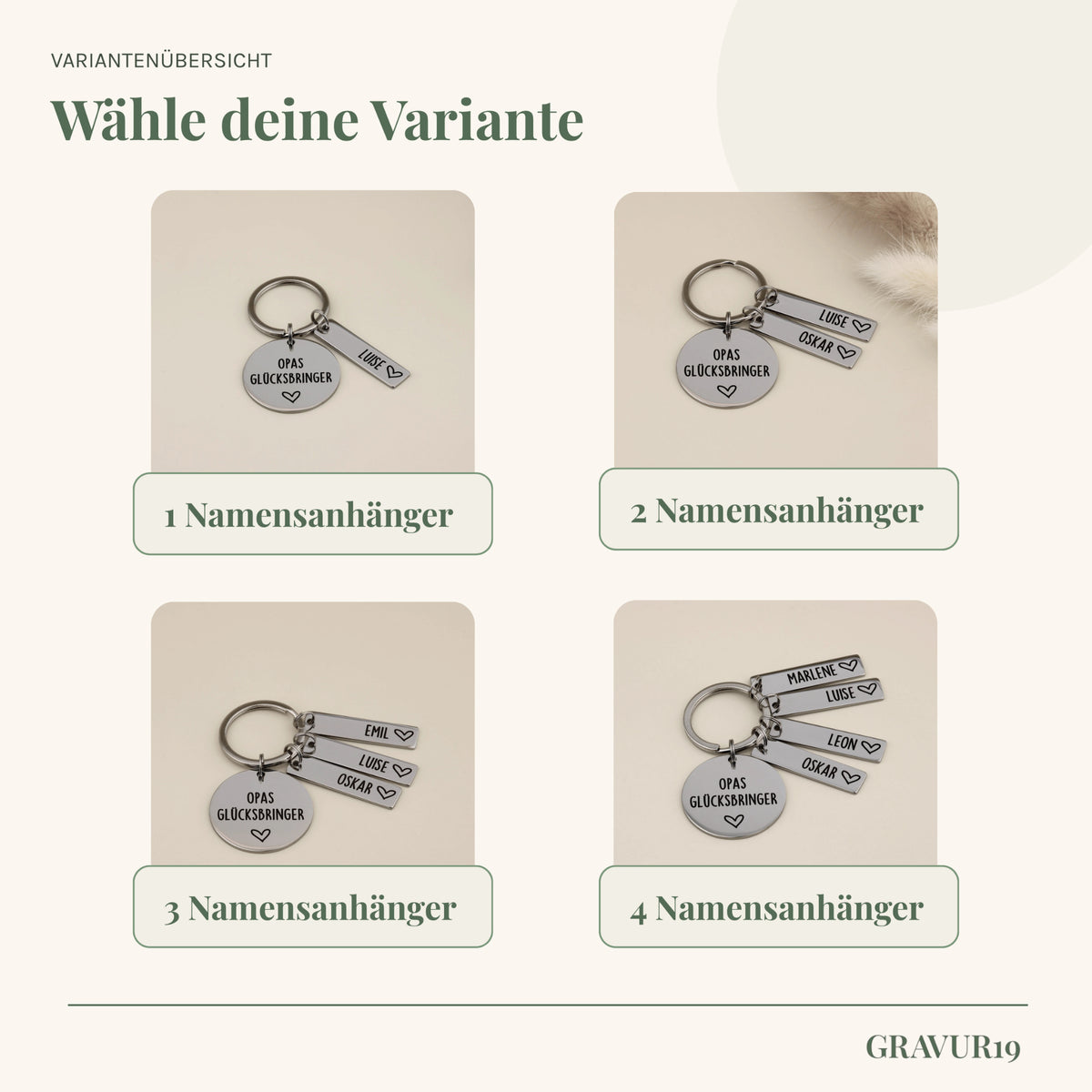 Variantenübersicht von „Opas Glücksbringer“ mit ein bis vier personalisierten Namensanhängern.
