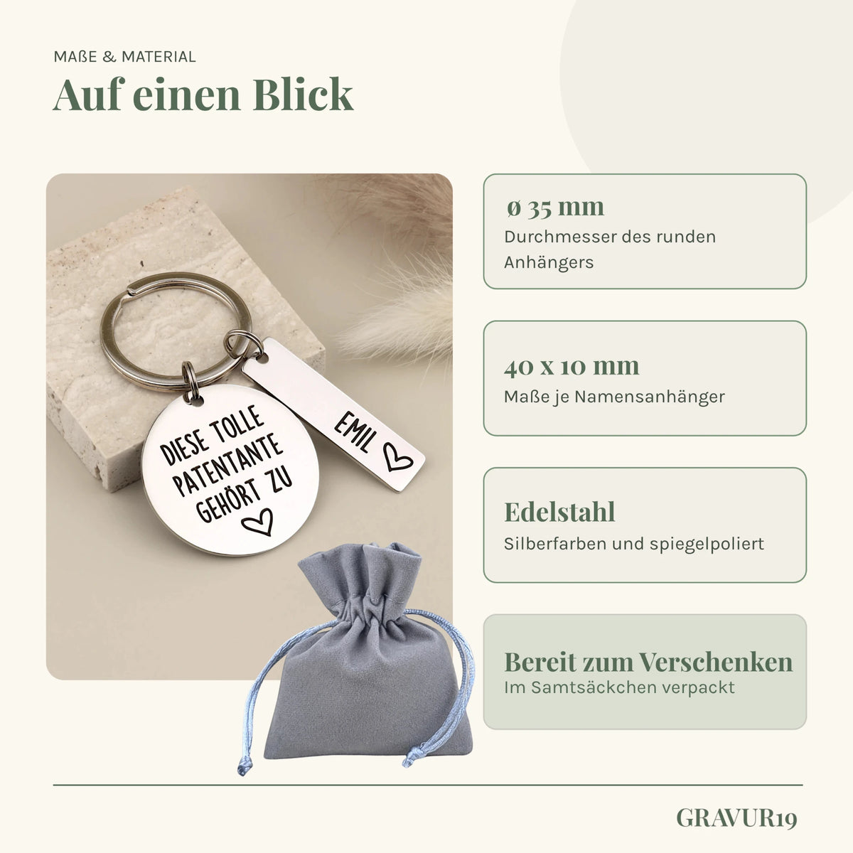 Maße, Edelstahl und Samtsäckchen des Schlüsselanhängers „Diese tolle Patentante gehört zu“.