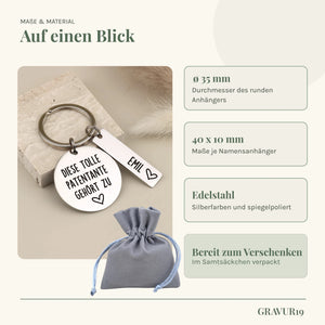 Maße, Edelstahl und Samtsäckchen des Schlüsselanhängers „Diese tolle Patentante gehört zu“.