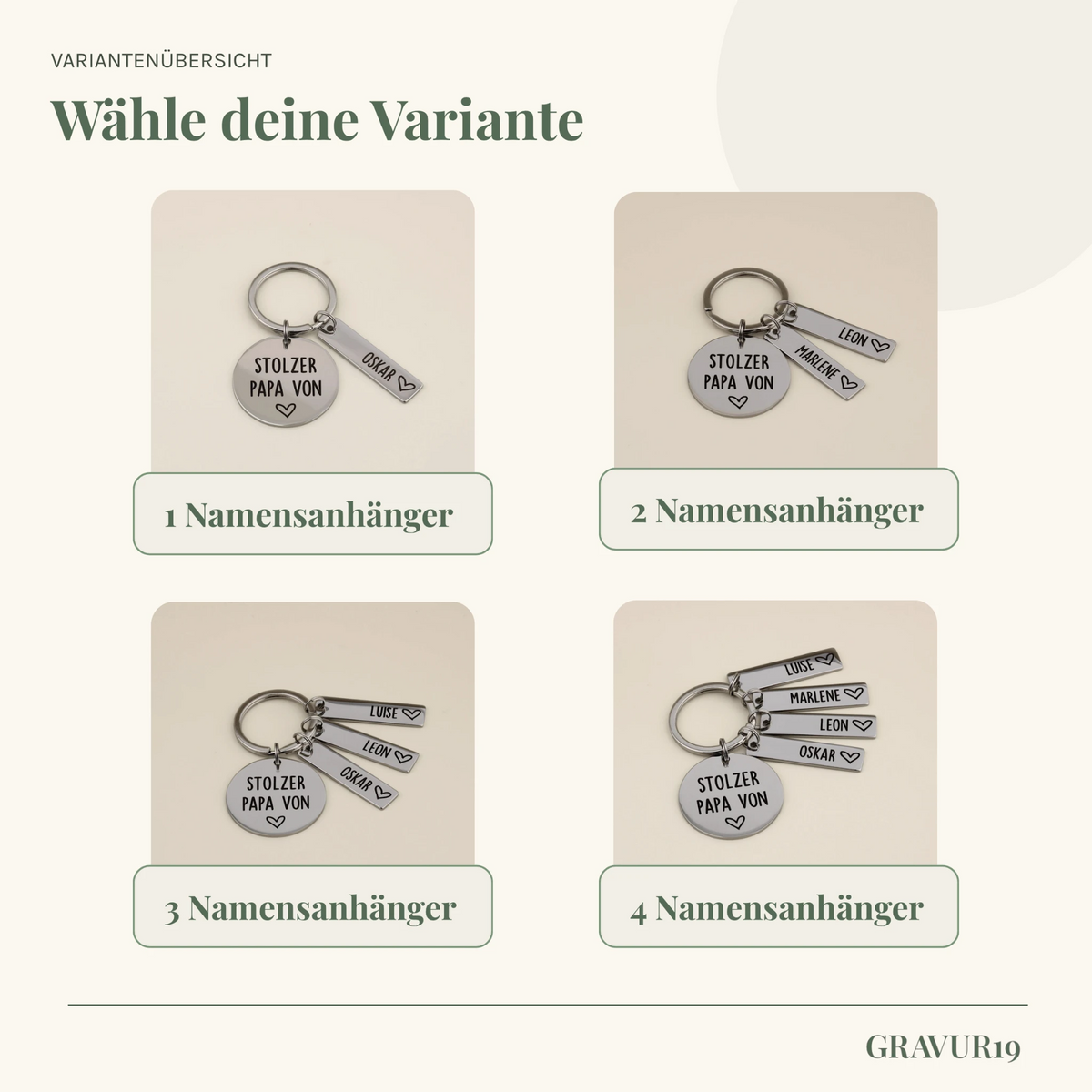 Variantenübersicht von „Stolzer 
Papa von“ mit ein bis vier personalisierten Namensanhängern.