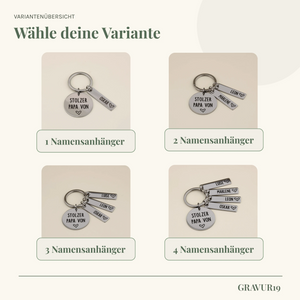 Variantenübersicht von „Stolzer 
Papa von“ mit ein bis vier personalisierten Namensanhängern.