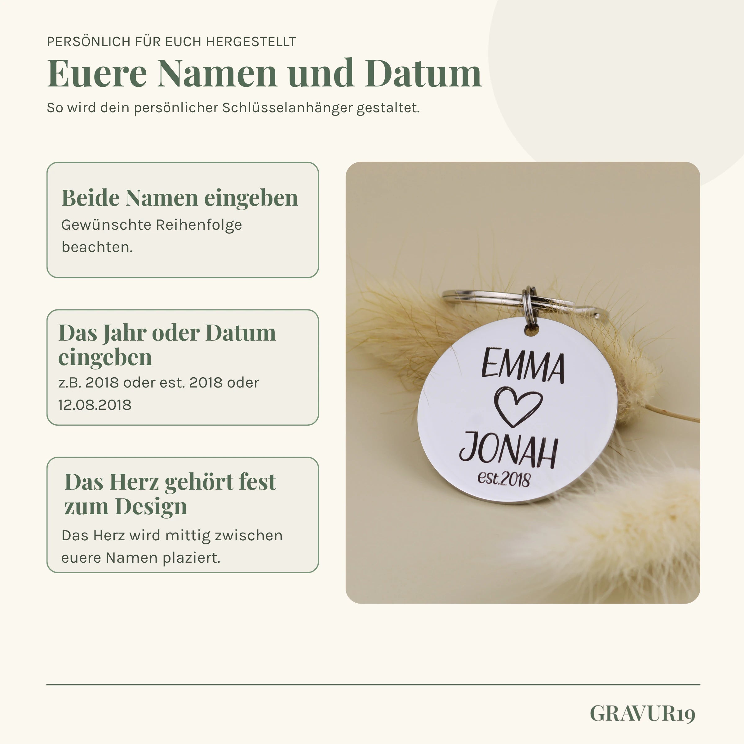 Gravur19 Infografik zur Personalisierung des Paar-Schlüsselanhängers mit zwei Namen und frei formulierter Jahreszeile.