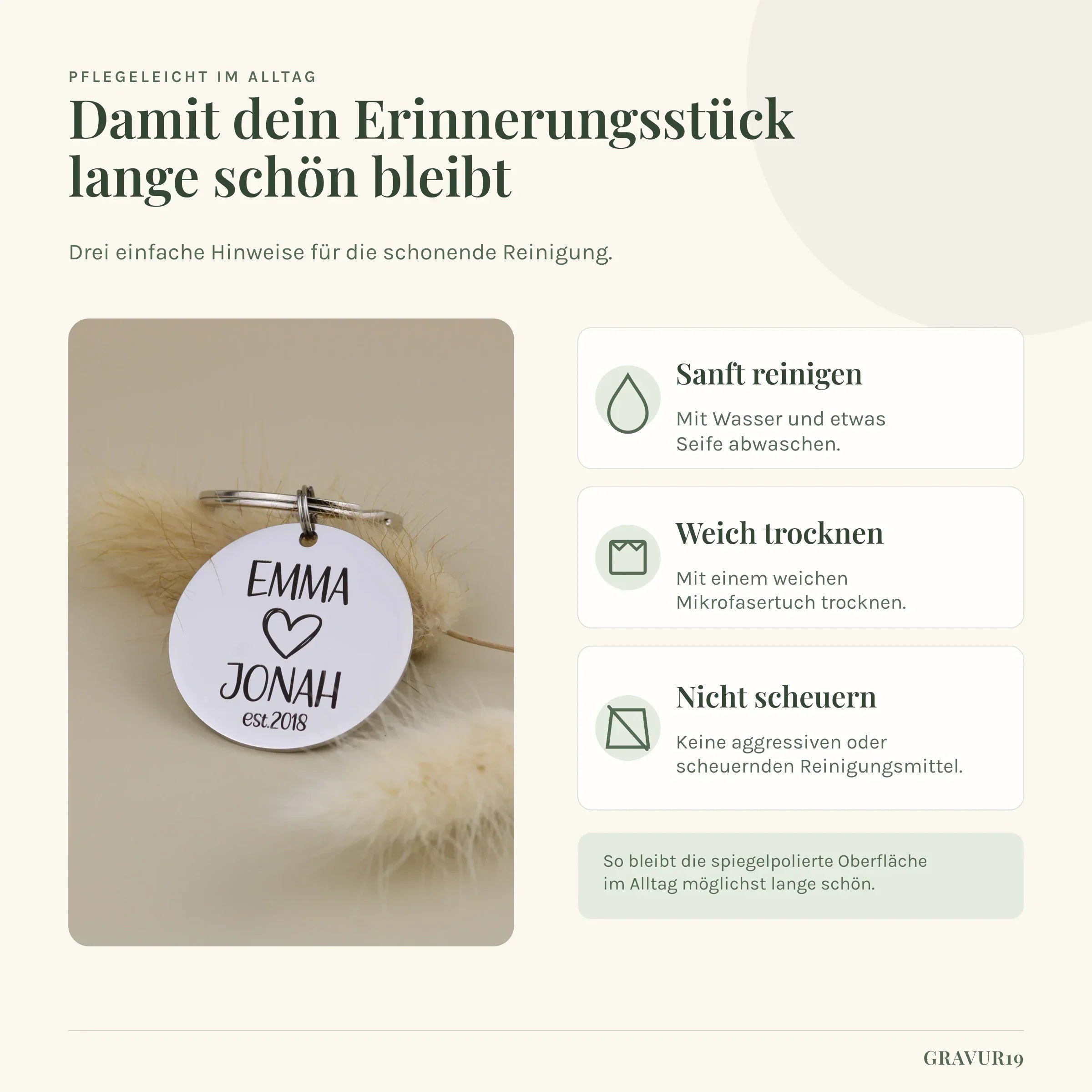 Gravur19 Pflege-Infografik für den wasserfesten Edelstahl-Schlüsselanhänger: mit Wasser und Seife reinigen und weich trocknen.