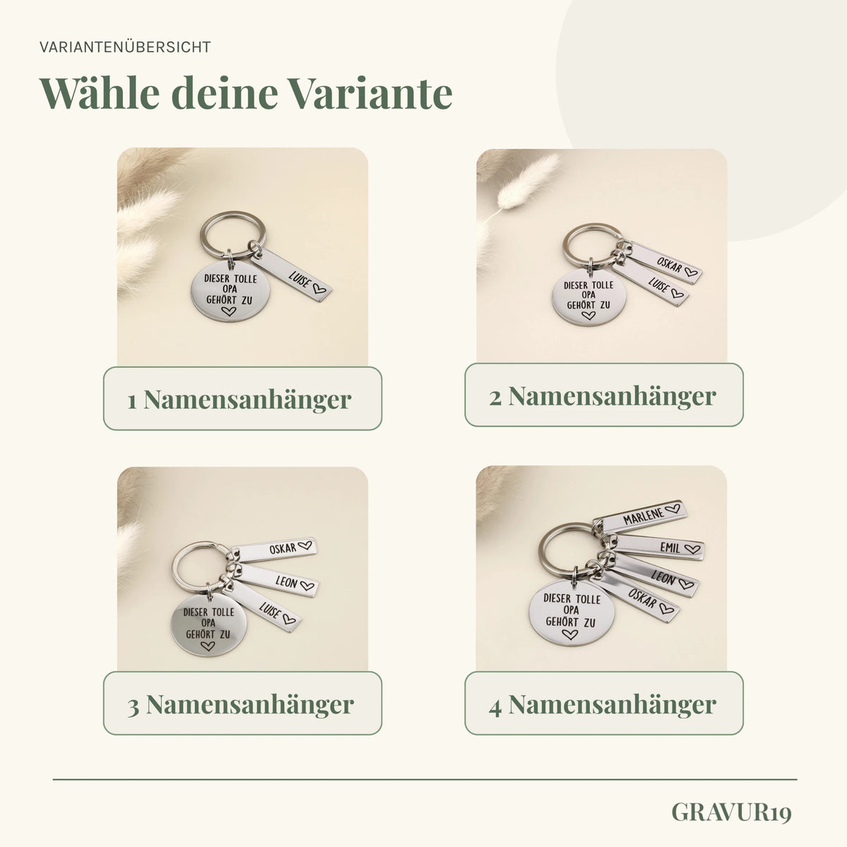 Varianten des Schlüsselanhängers „Dieser tolle Opa gehört zu“ mit einem bis vier Namensanhängern.