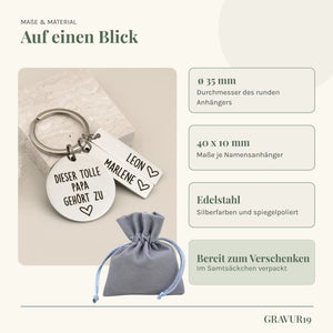 Maße, Edelstahl und Samtsäckchen des Schlüsselanhängers „Dieser tolle Papa gehört zu“.