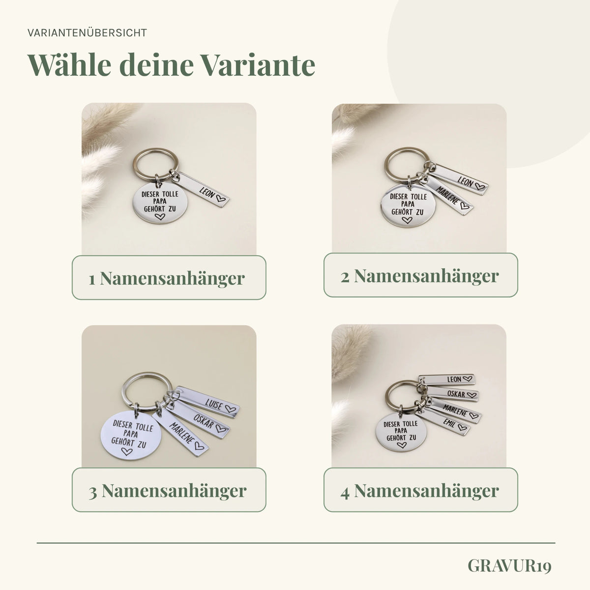 Varianten des Schlüsselanhängers „Dieser tolle Papa gehört zu“ mit einem bis vier Namensanhängern.