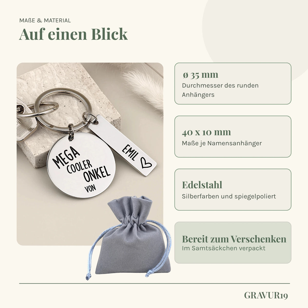 Maße, Edelstahl und Samtsäckchen des Schlüsselanhängers „Mega cooler Onkel von“.
