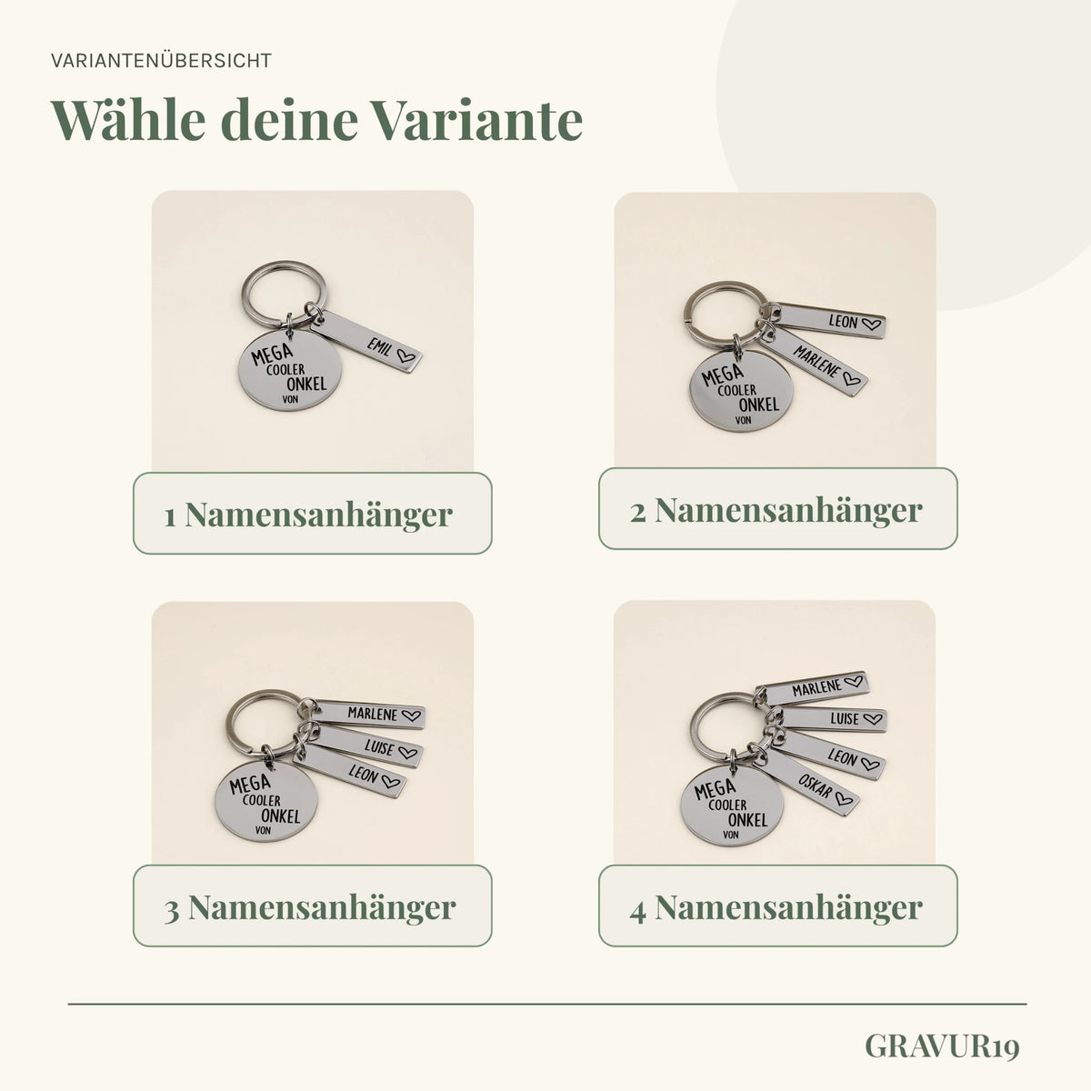 Varianten des Schlüsselanhängers „Mega cooler Onkel von“ mit einem bis vier Namensanhängern.