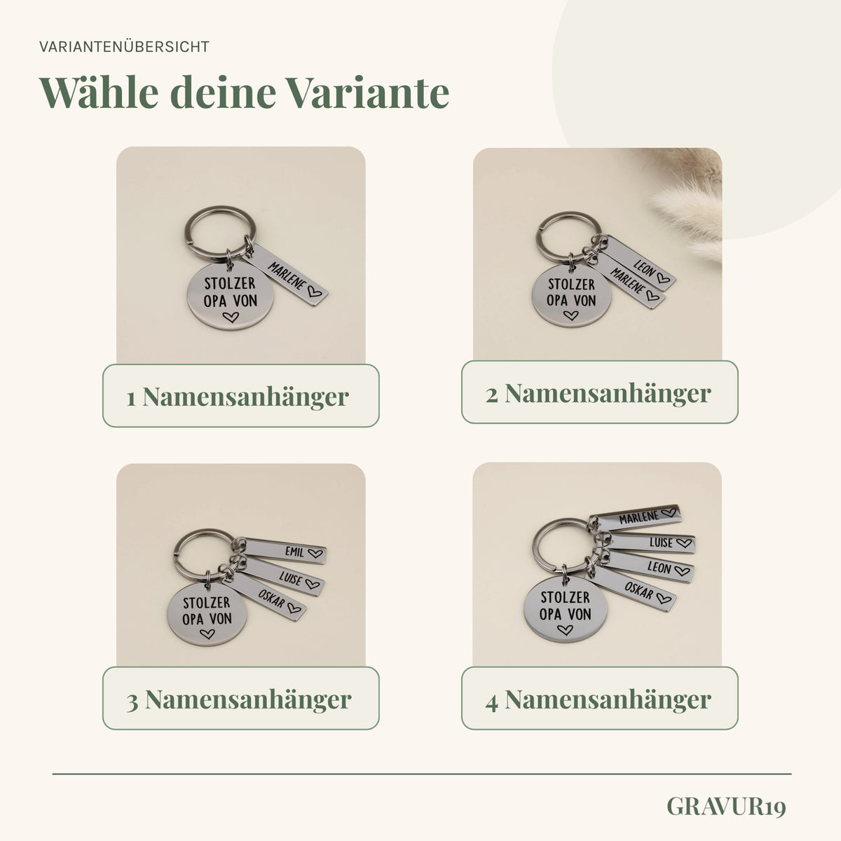 Übersicht des Stolzer Opa-Schlüsselanhängers mit einem bis vier personalisierten Namensanhängern.
