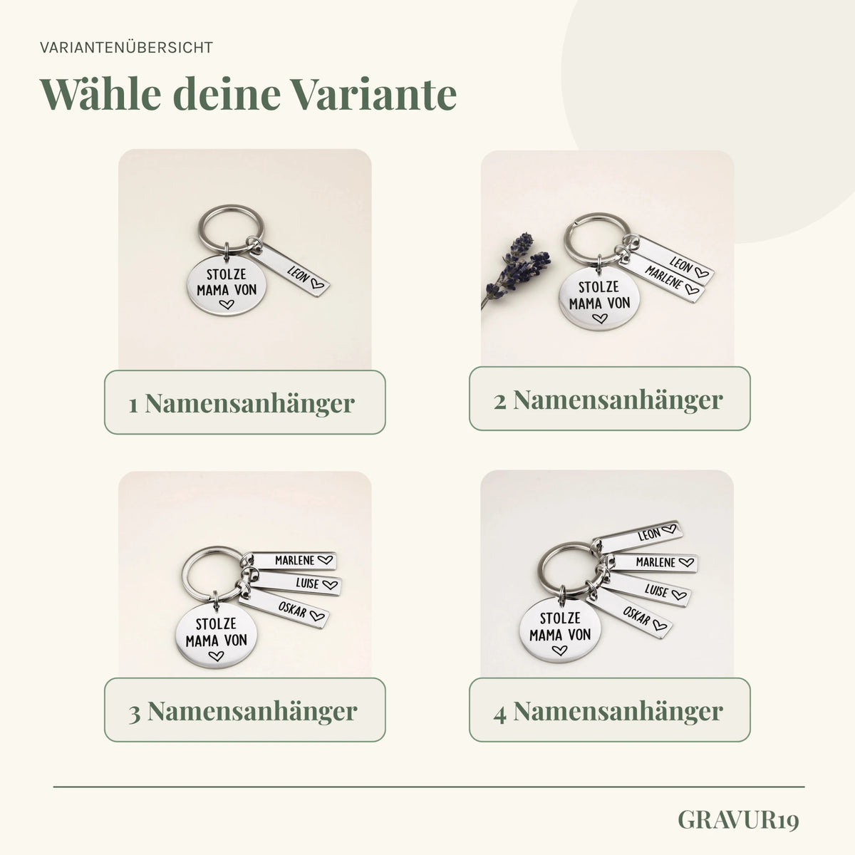 Varianten des Schlüsselanhängers „Stolze Mama von“ mit ein bis vier Namensanhängern von GRAVUR19.