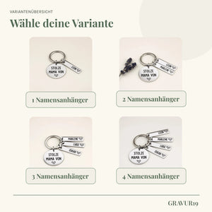 Varianten des Schlüsselanhängers „Stolze Mama von“ mit ein bis vier Namensanhängern von GRAVUR19.