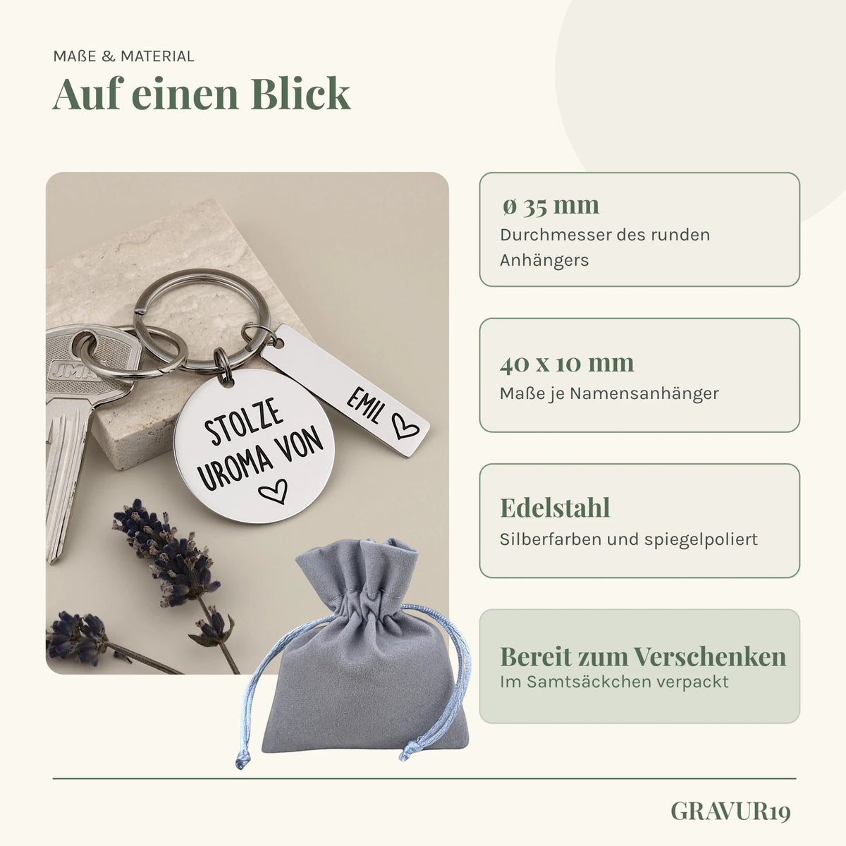 Maße, Edelstahl und Samtsäckchen des Schlüsselanhängers „Stolze Uroma von“.