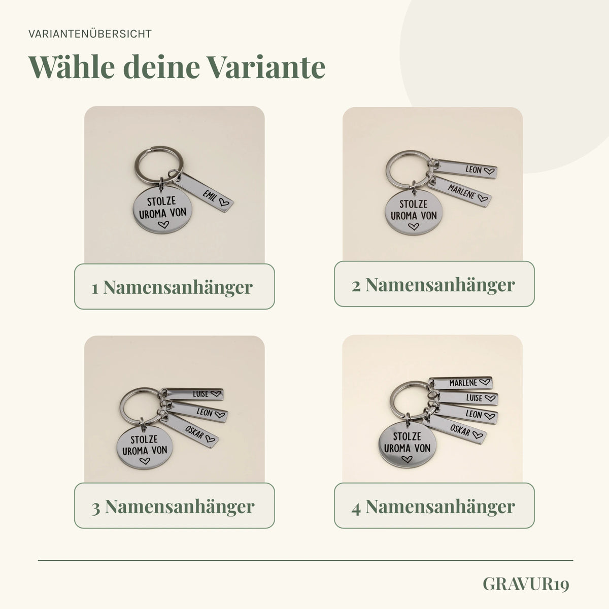 Varianten des Schlüsselanhängers „Stolze Uroma von“ mit einem bis vier Namensanhängern.