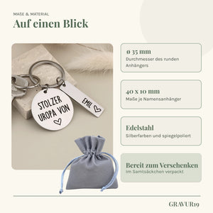 Maße, Edelstahl und Samtsäckchen des Schlüsselanhängers „Stolzer Uropa von“.